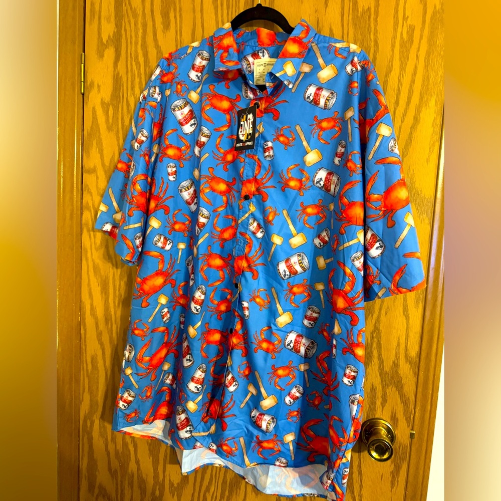 NET Route One Apparel Blue Crab Print Men's ShirtSize Large=4XLCrabs,Mallet beer